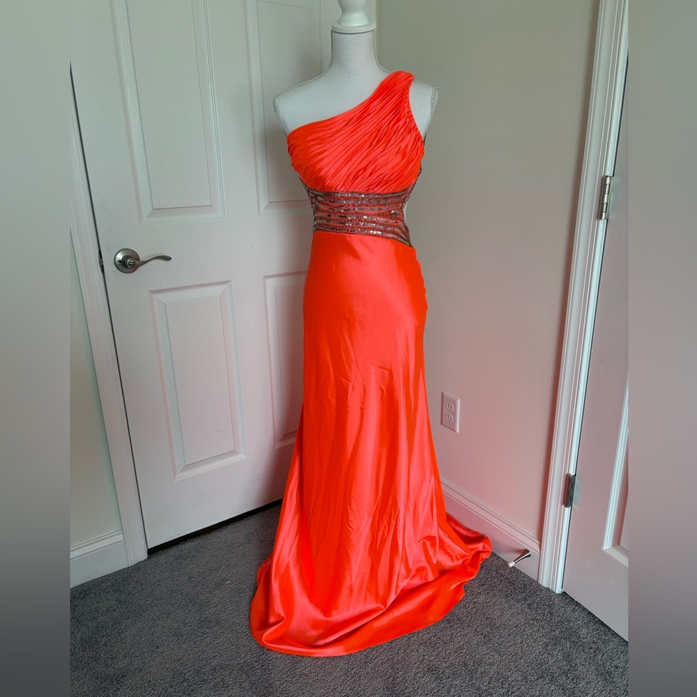 Betsy & Adam Neon Orange Dress with Sequin Embellishments